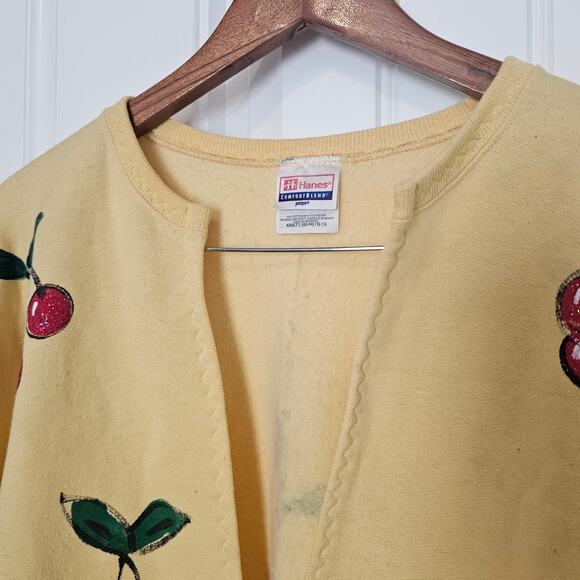 Vintage Cherry Cardigan Womens Large Yellow Red Handmade Granny Sweater Cottage - Picture 6 of 9